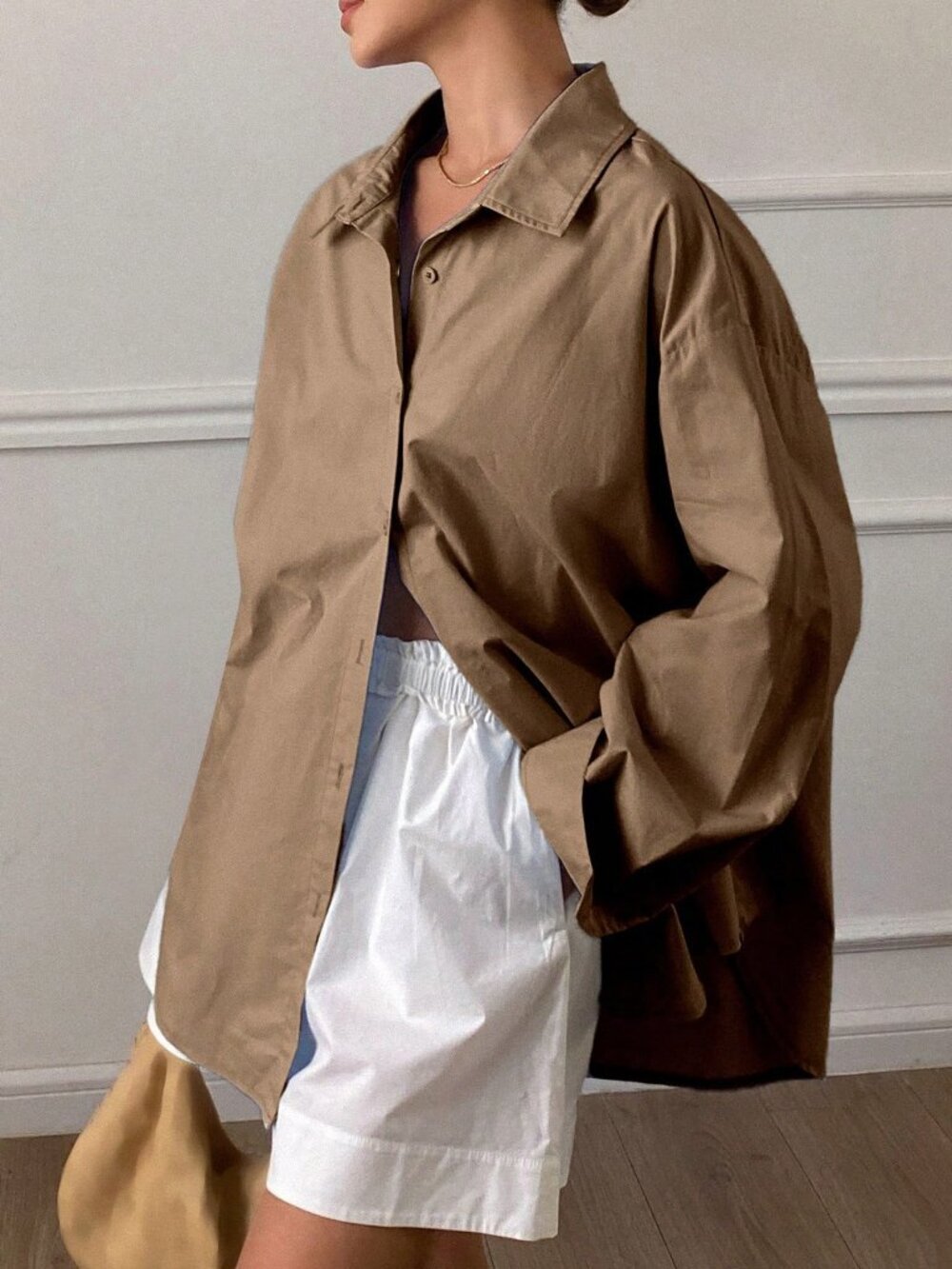 Brown Casual Women's Loose Long Sleeve Blouse with Turndown Collar - Picture 4 of 5
